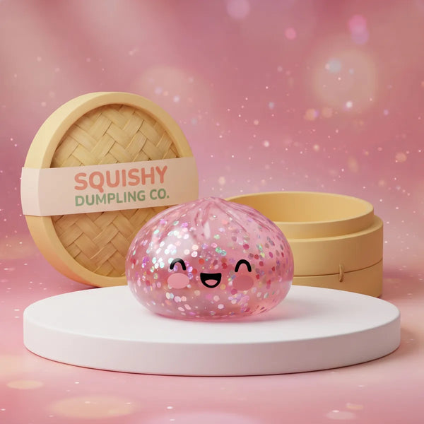 Bubblegum pink sparkle dumpling squishy with bamboo steamer