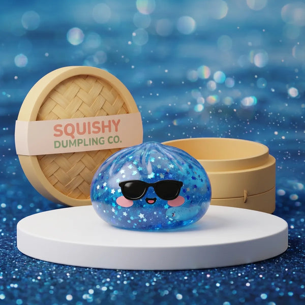 Cool blue sparkle sunglasses dumpling squishy on a display podium
