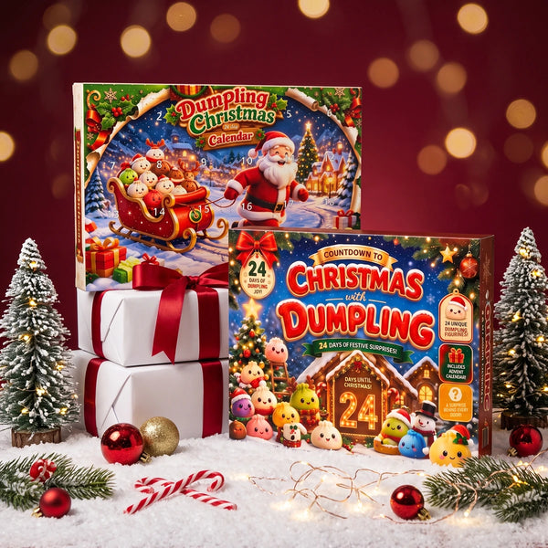 Christmas Duo Dumpling Squishy Advent Calendar Set 48 Pieces: the Santa sleigh and Countdown to Christmas calendar boxes staged on wrapped gifts in a snowy Christmas scene