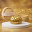 Gold Dumpling Squishy with a kawaii money-eyed face displayed beside a bamboo steamer