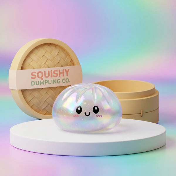 Iridescent holographic dumpling squishy with rainbow shine