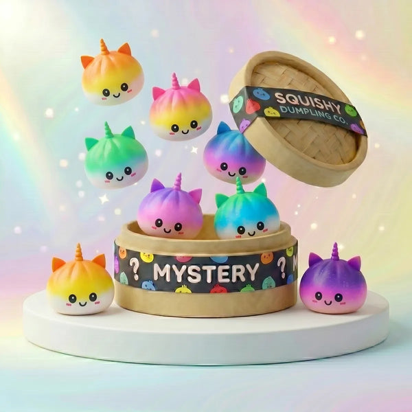 Magical jumbo unicorn rainbow squishy dumplings front view