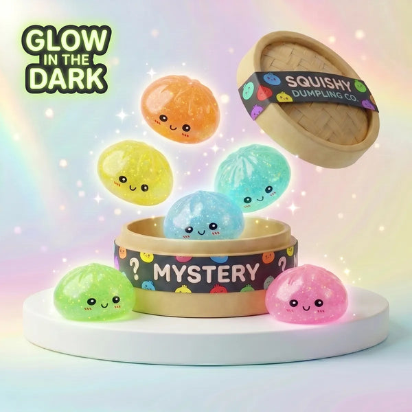 Mystery glow in the dark glitter dumpling squishy blind box spilling from a steamer