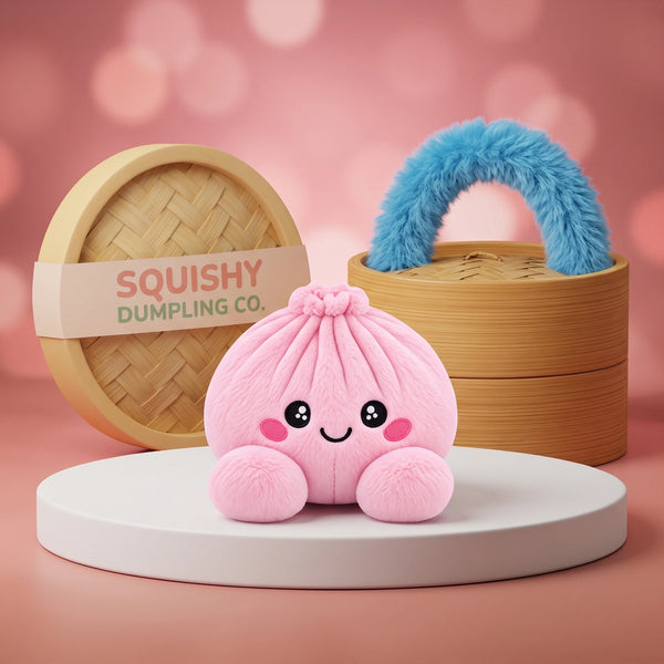 Peony Pink Dumpling Squishy Plush on a white studio podium beside a steamer basket