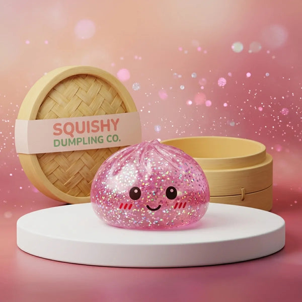 Studio photo of the pink glitter dumpling squishy with bamboo steamer