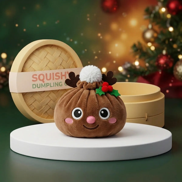 Jolly Reindeer Dumpling Squishy Plush on a white studio podium beside a steamer basket