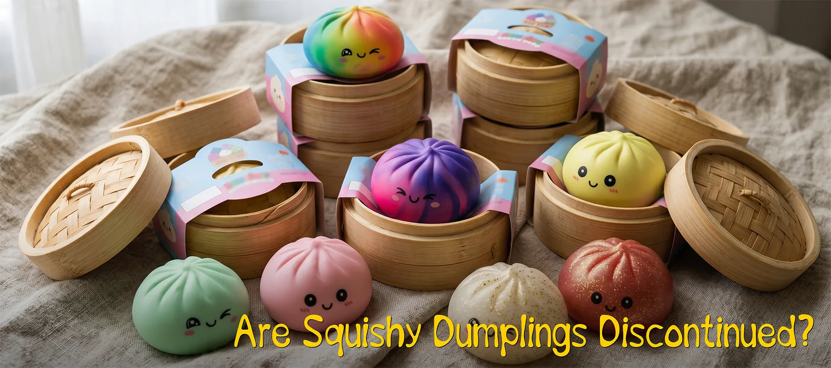 A large display of viral kawaii dumpling squishy toys in mini bamboo steamers with their original retail packaging boxes spread across a soft beige linen cloth.