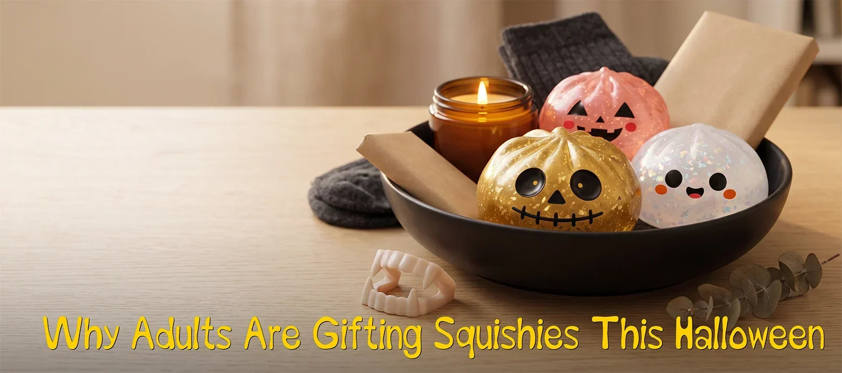 Adult boo basket with gold, pink and glitter dumpling squishies, a candle, wool socks and chocolate