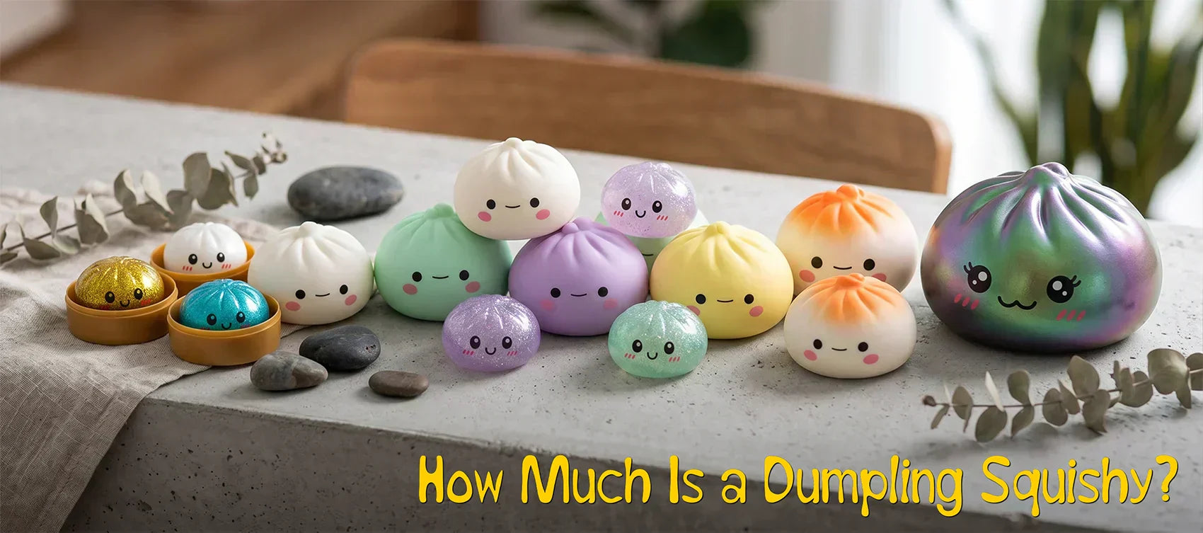 A wide lineup of multiple kawaii dumpling squishy toys in various sizes and finishes arranged on a gray concrete surface, with a yellow text overlay reading How Much Is a Dumpling Squishy?.
