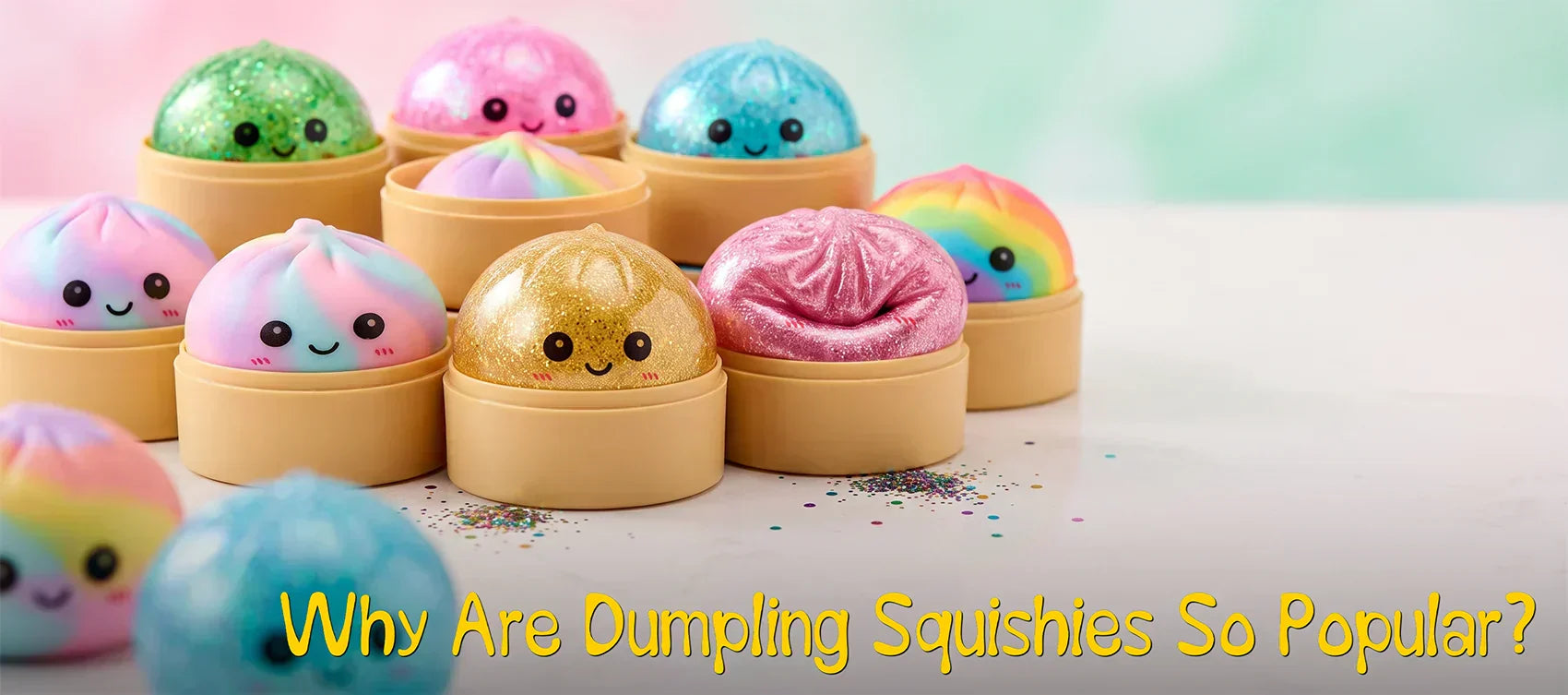 Colorful dumpling-shaped squishy toys with glitter and tie-dye designs displayed on a pastel background