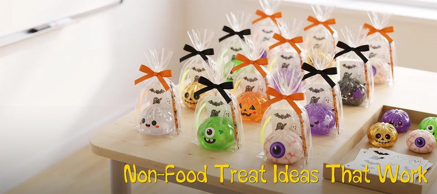 Halloween classroom party favor bags with mini squishies, pencils, stickers and glow bracelets
