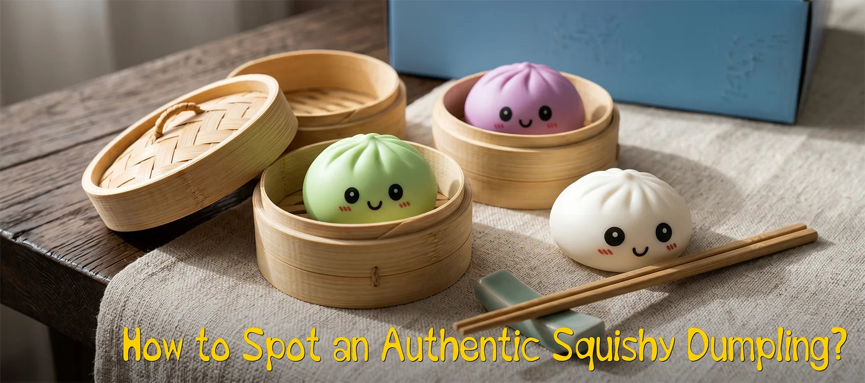 A clean layout of a light green and a purple dumpling squishy in bamboo steamers on a linen cloth with chopsticks, featuring a yellow text overlay reading How to Spot an Authentic Squishy Dumpling?.
