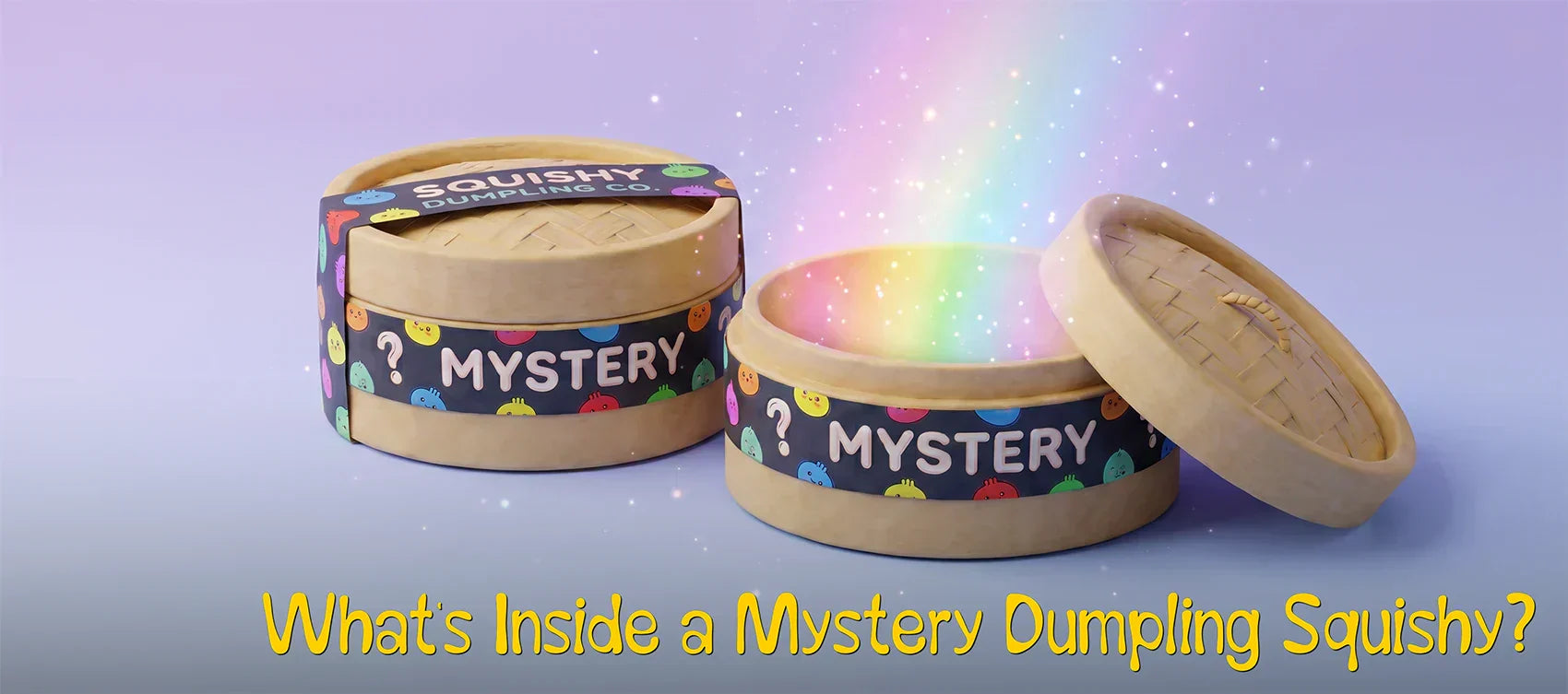 Two mystery dumpling squishy blind boxes with a magical rainbow light popping out of an open bamboo steamer.