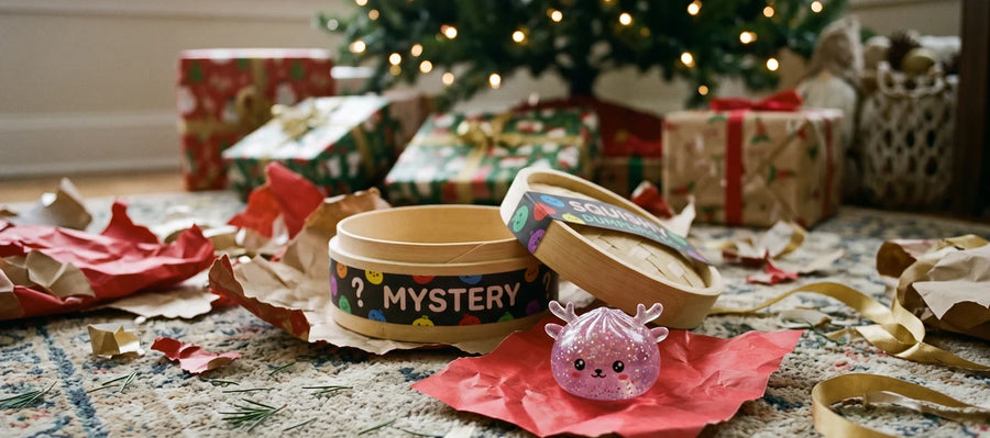 Mystery squishy box opened on Christmas morning under the tree with a glitter reindeer dumpling squishy inside