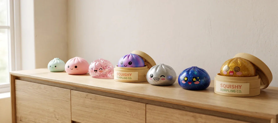 Dumpling squishy gifts lined up by age, from a pastel mini squishy to a gold collector edition in its bamboo steamer
