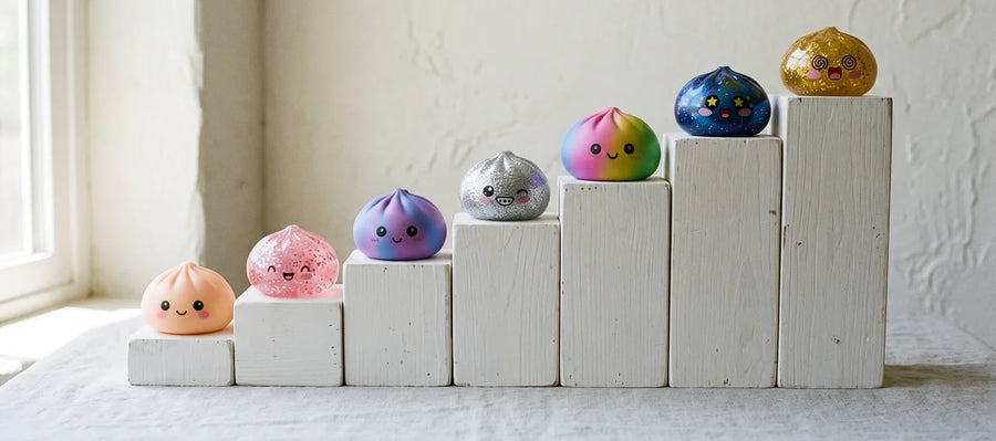 Dumpling squishy rarity tiers on display steps, from a standard squishy up to the ultra rare gold edition