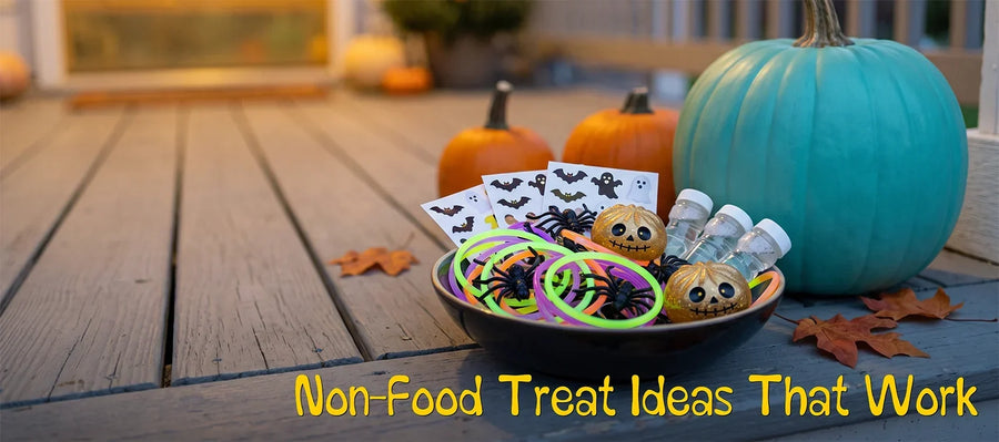 Teal pumpkin on a porch step beside a bowl of non-food Halloween treats