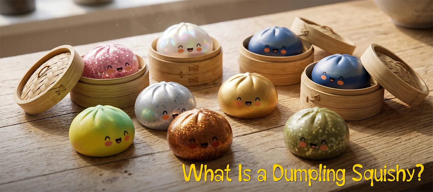 A collection of assorted colorful, glittery, and gold kawaii dumpling squishy toys in mini bamboo steamers on a wooden table with a yellow text overlay reading What Is a Dumpling Squishy.