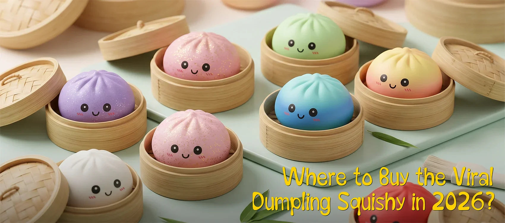 A colorful collection of cute dumpling squishies with kawaii faces inside mini bamboo steamers, featuring text overlay asking where to buy the viral dumpling squishy in 2026.
