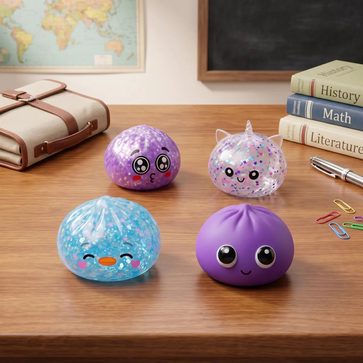 Four back to school dumpling squishies lined up on a school desk with books and a map