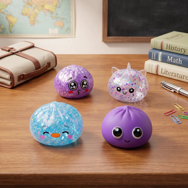 Four back to school dumpling squishies lined up on a school desk with books and a map