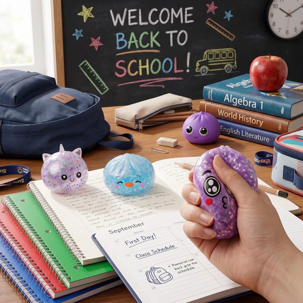 Hand squeezing a purple glitter dumpling squishy from the back to school set at a desk