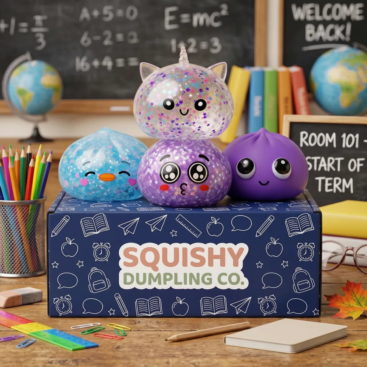 Starter back to school dumpling squishy set of 4 on its printed box in a classroom