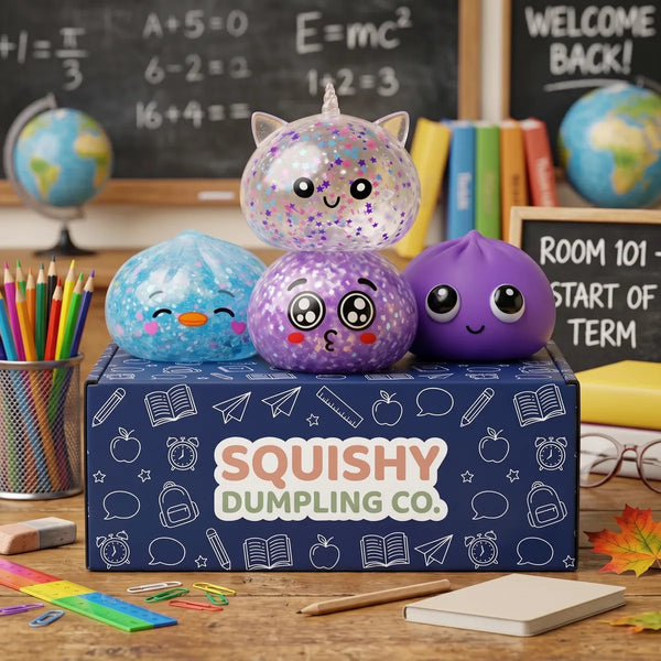 Starter back to school dumpling squishy set of 4 on its printed box in a classroom