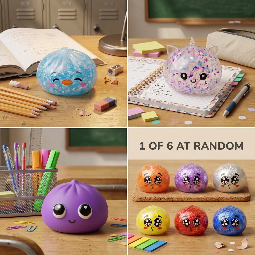 The four squishies in the back to school starter set with the six random glitter mini colours