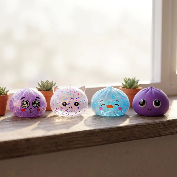 Back to school dumpling squishy set of 4 on a sunlit windowsill with succulents
