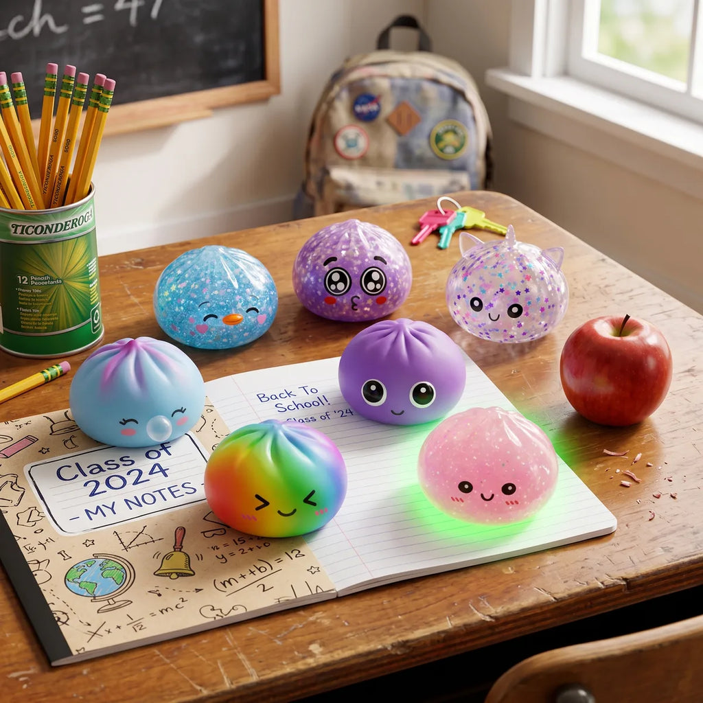 Seven back to school dumpling squishies on an open notebook on a school desk