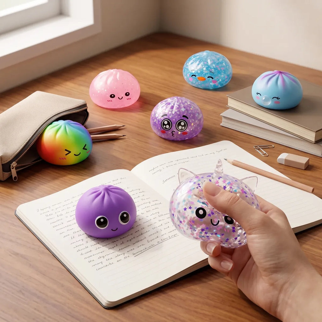 Hand squeezing the clear star confetti unicorn dumpling squishy over a notebook