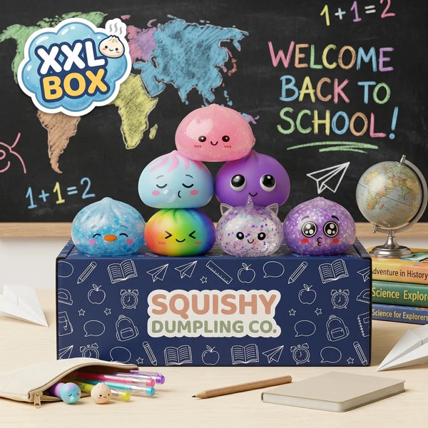 XXL back to school dumpling squishy set of 7 stacked on its printed box in a classroom