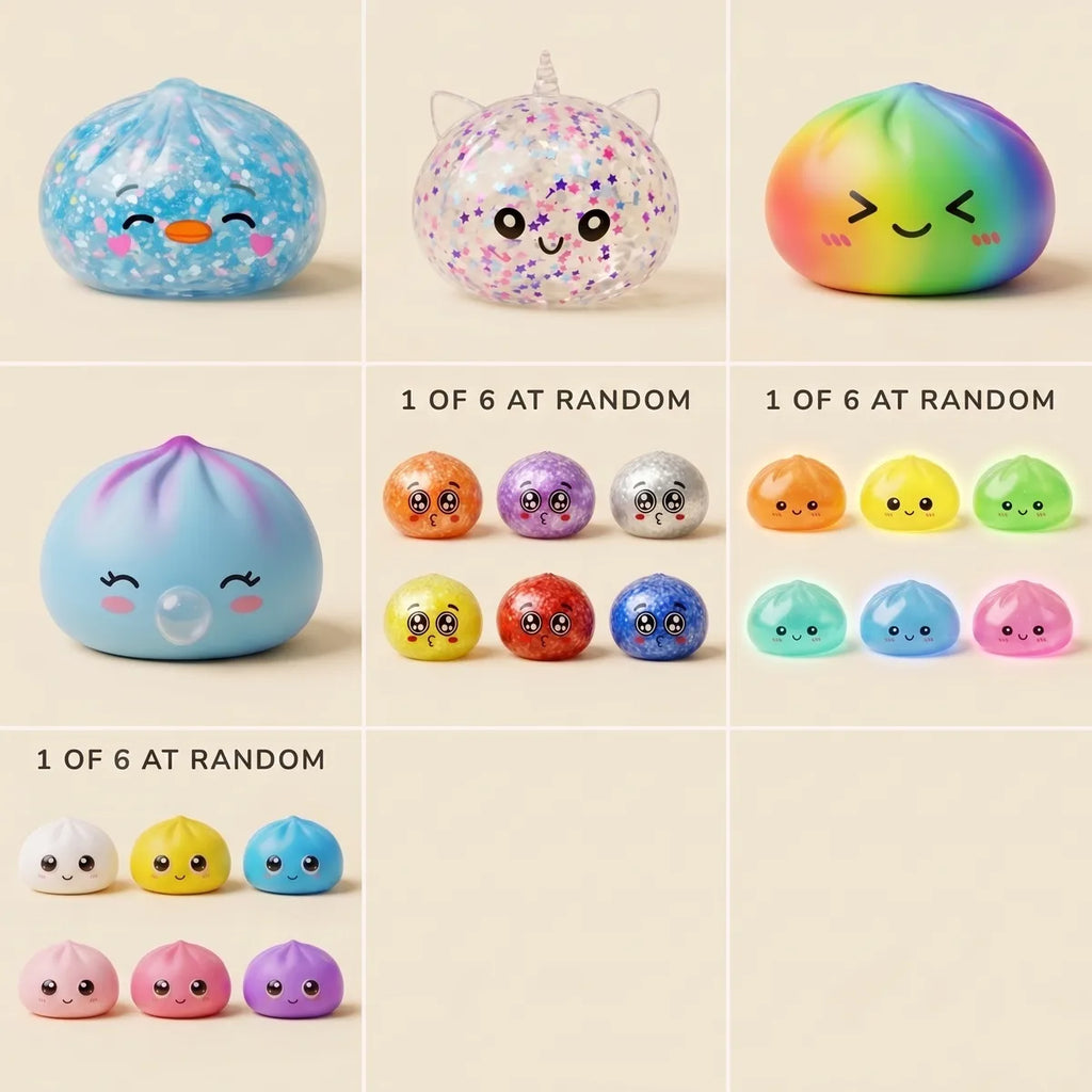 The seven squishies in the XXL back to school set with the three random pick charts