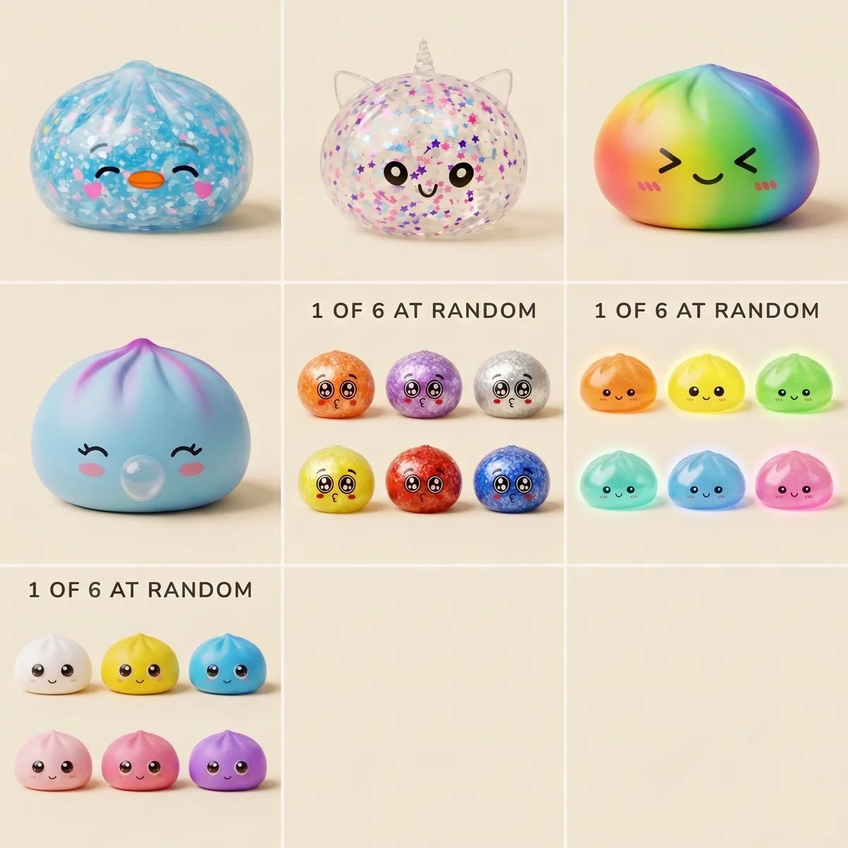 The seven squishies in the XXL back to school set with the three random pick charts