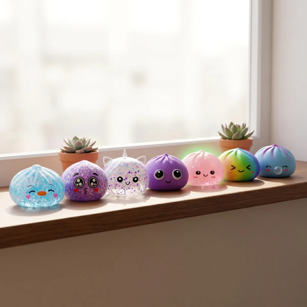 XXL back to school dumpling squishy set of 7 lined up on a sunlit windowsill