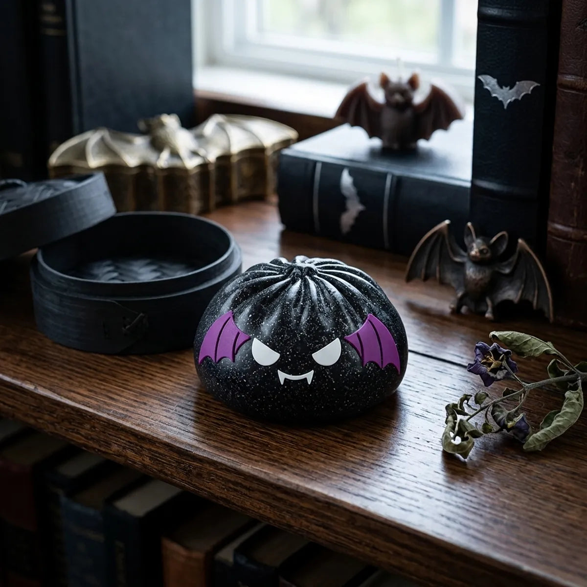 Bat Halloween dumpling squishy styled in a purple haunted Halloween lifestyle scene