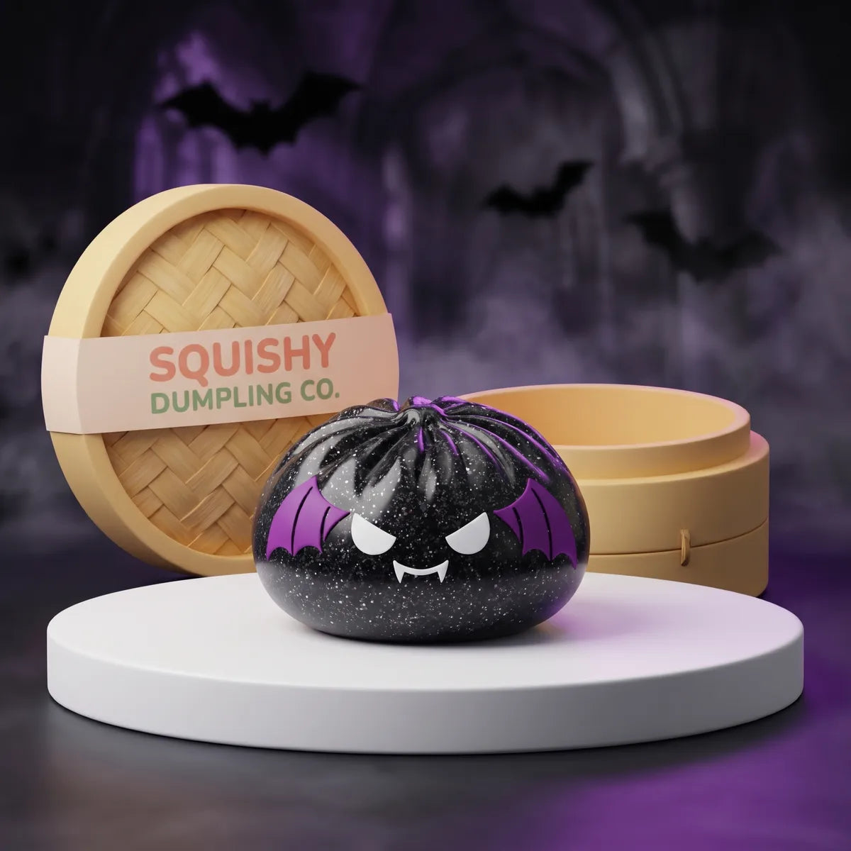 Black glitter bat Halloween dumpling squishy with purple wings and white fangs on a white podium Main image