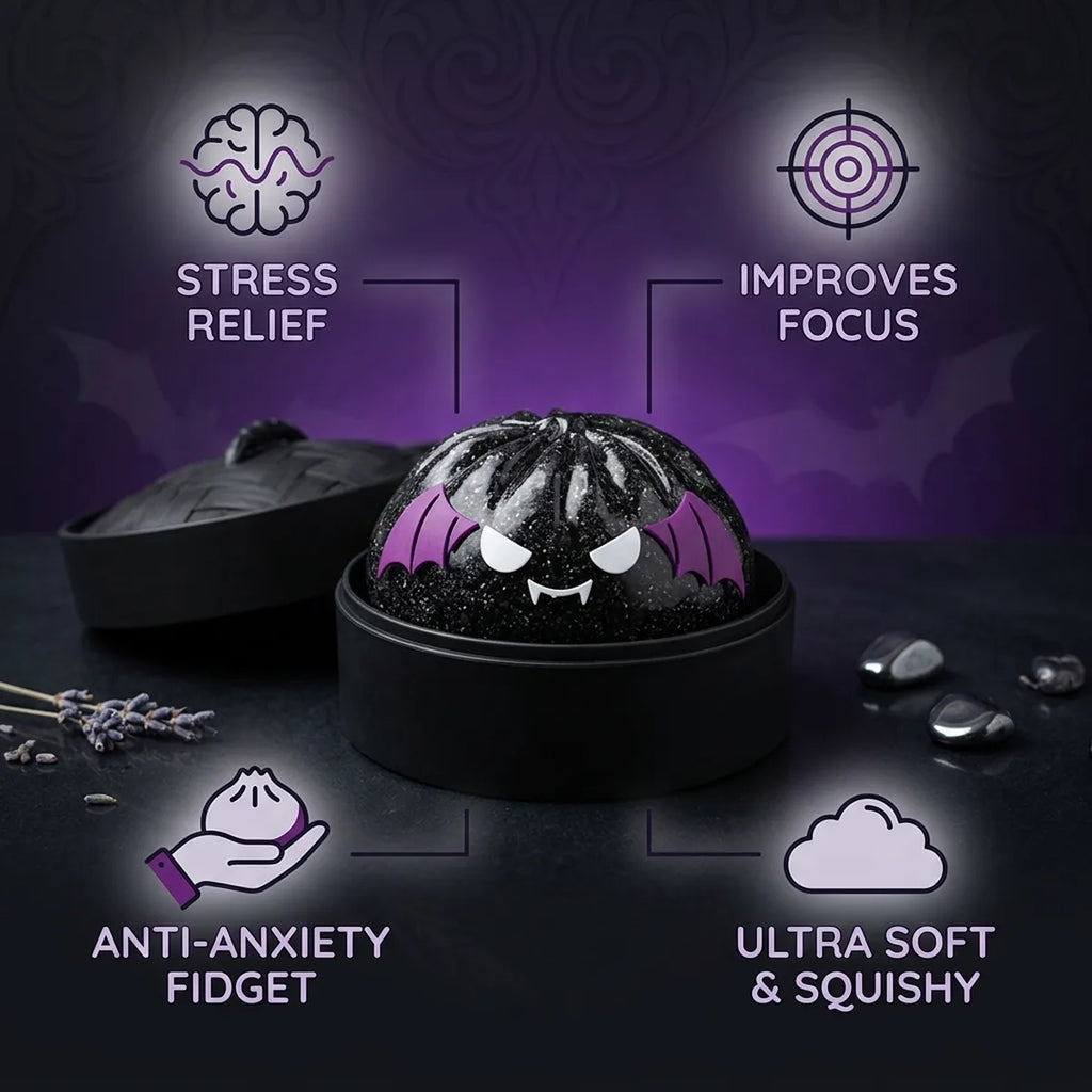 Bat Halloween dumpling squishy with stress relief focus and anti anxiety fidget benefit icons