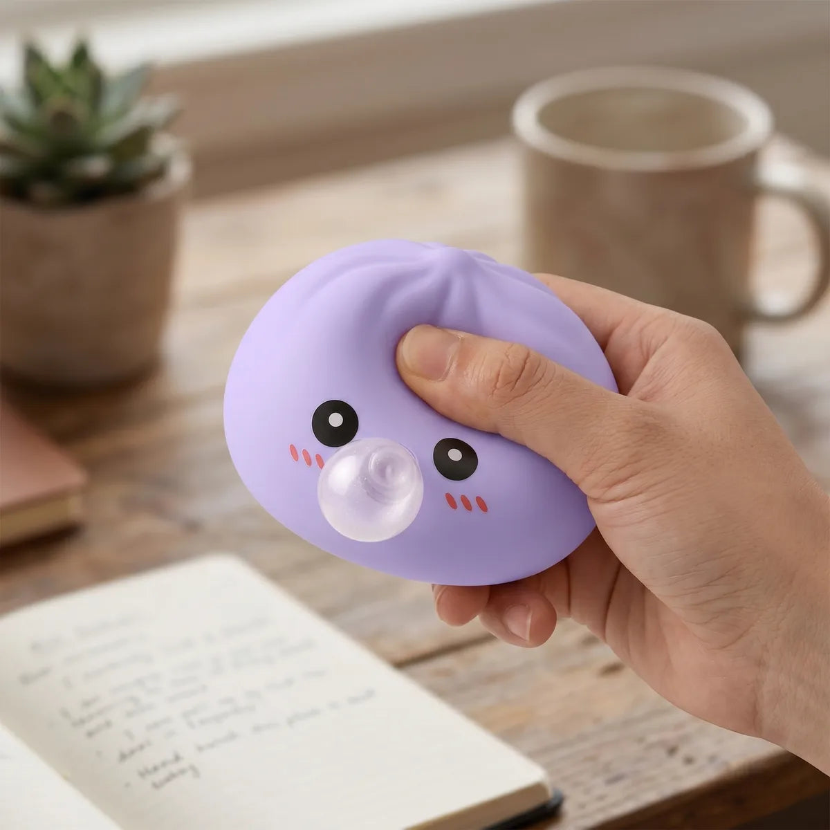 Blue blow dumpling squishy styled as cute desk decor