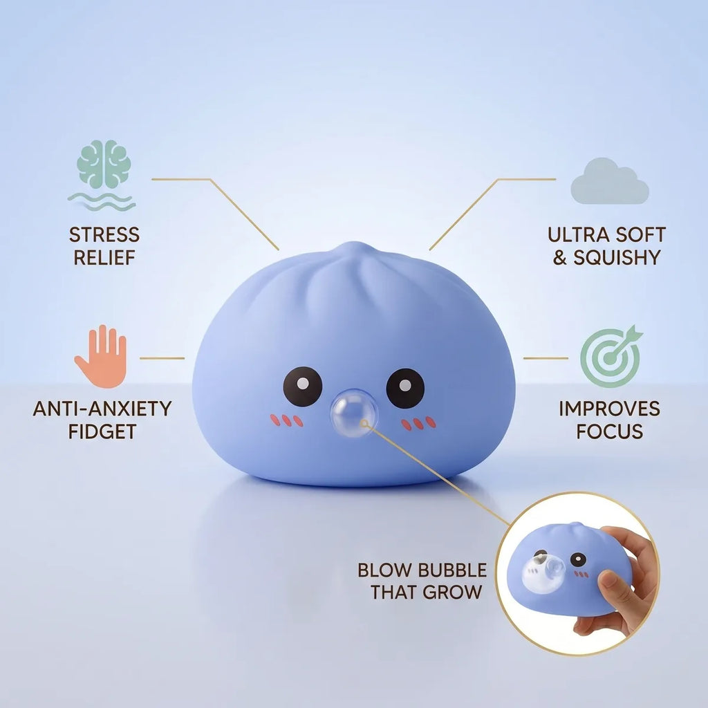Blue blow dumpling squishy size guide infographic with dimensions
