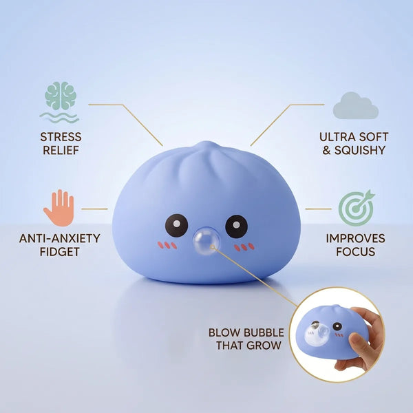 Blue blow dumpling squishy size guide infographic with dimensions