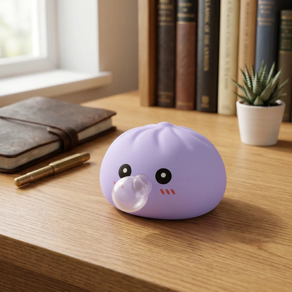 Blue blow dumpling squishy displayed with bamboo steamer