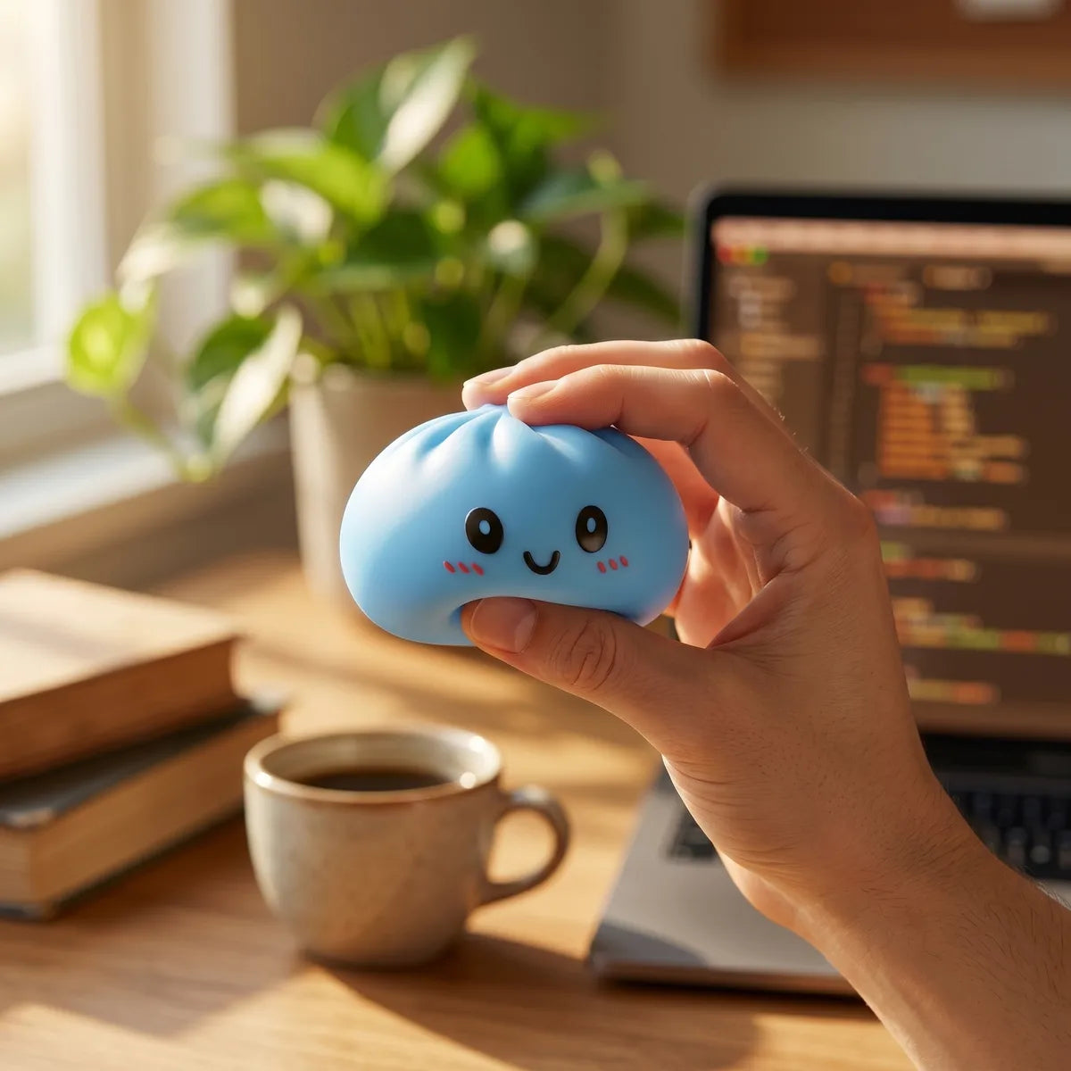 Blue dumpling squishy styled as cute desk decor