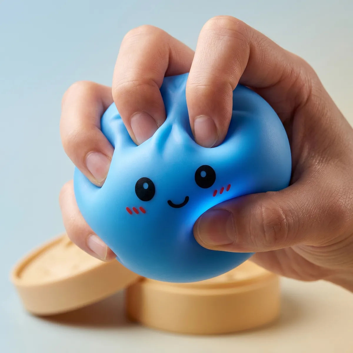 Hands playing with the blue dumpling squishy stress toy