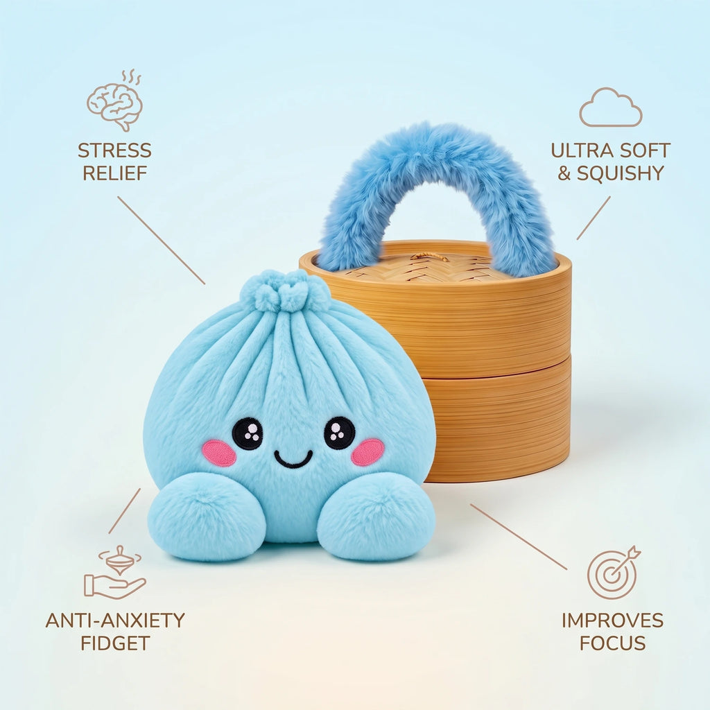 Sky Blue Dumpling Squishy Plush infographic: stress relief, ultra soft and squishy, anti-anxiety fidget, improves focus