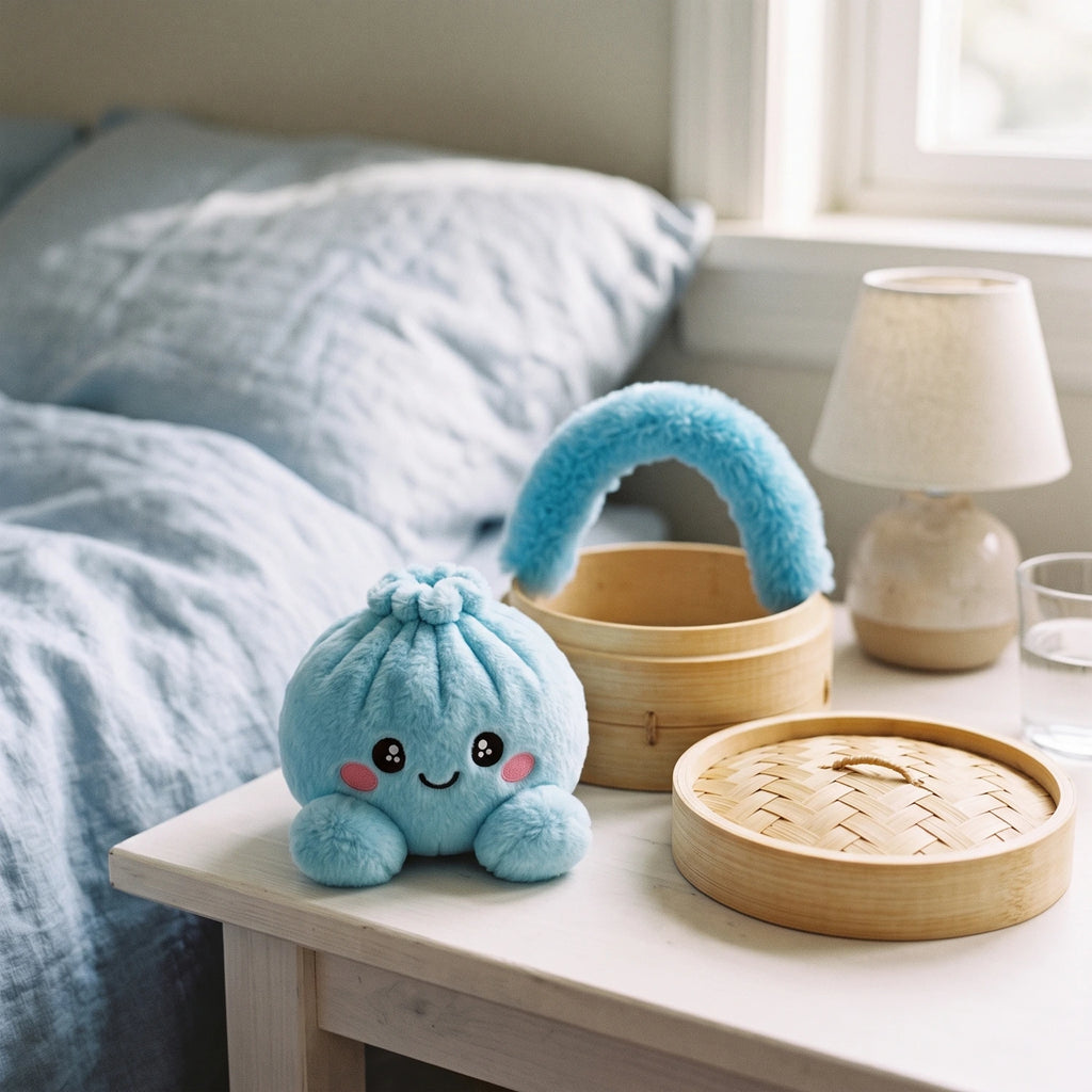 Sky Blue Dumpling Squishy Plush displayed on a bedside table next to its steamer