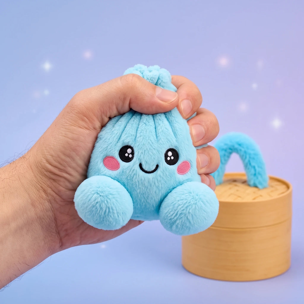 Hand gripping and squishing the Sky Blue Dumpling Squishy Plush