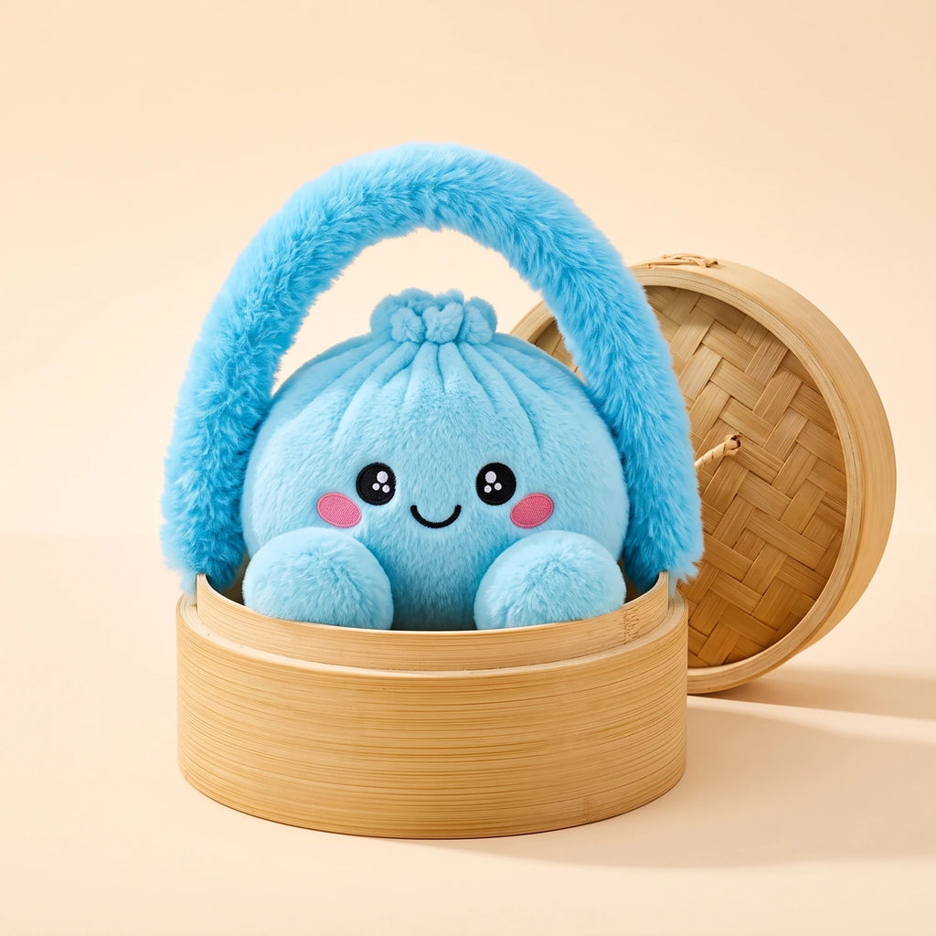 Sky Blue Dumpling Squishy Plush sitting in its bamboo steamer carry case with a fluffy blue handle