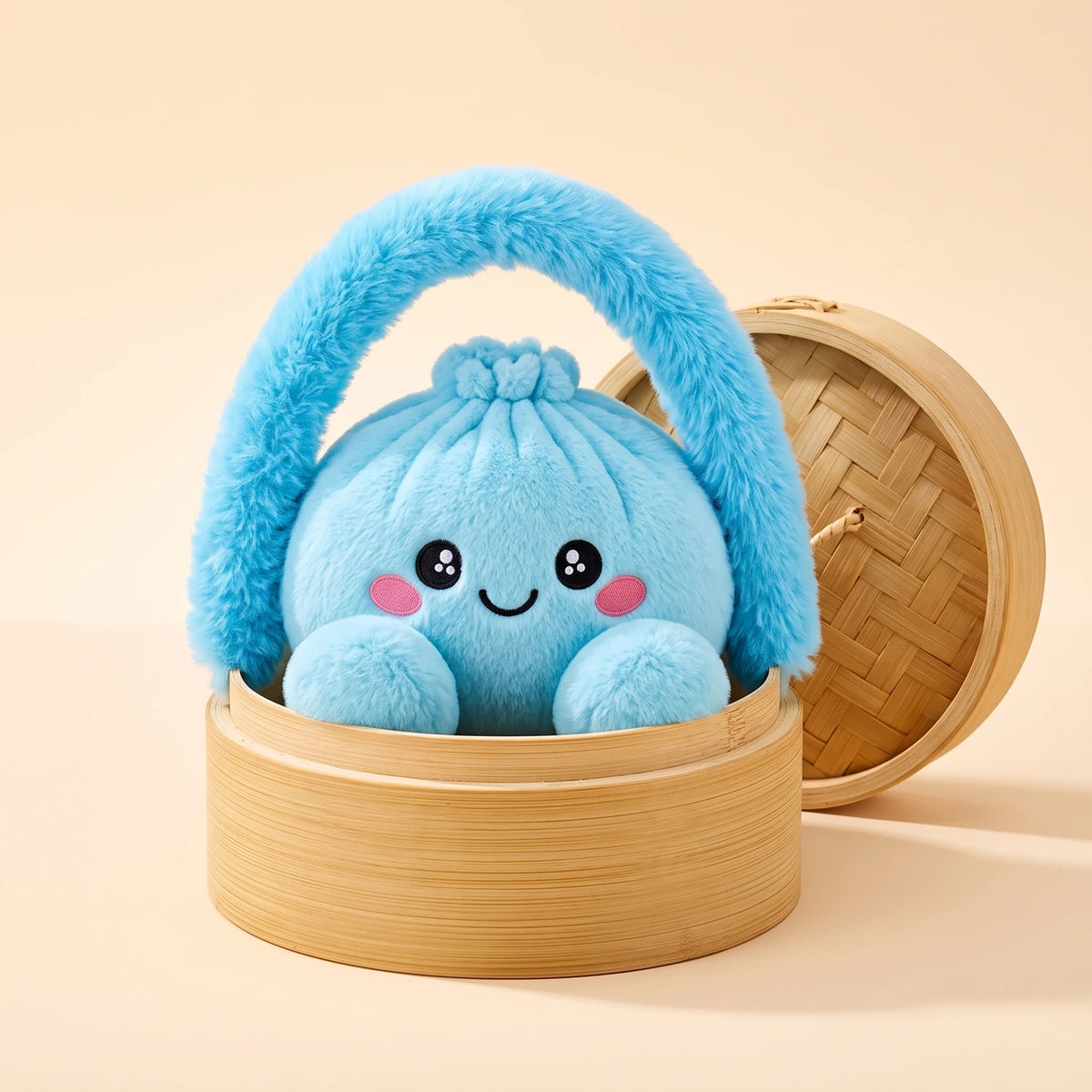 Sky Blue Dumpling Squishy Plush sitting in its bamboo steamer carry case with a fluffy blue handle
